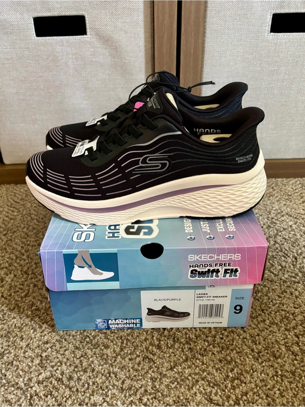 Skechers Size 9 Women’s Swift Fit Slip-On Sneakers - Black with Purple Accents